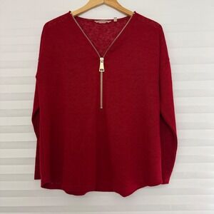 Soft Surroundings Red Half Zip Knit Sweater Top Long Sleeve V-Neck Womens Large